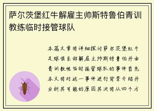 萨尔茨堡红牛解雇主帅斯特鲁伯青训教练临时接管球队